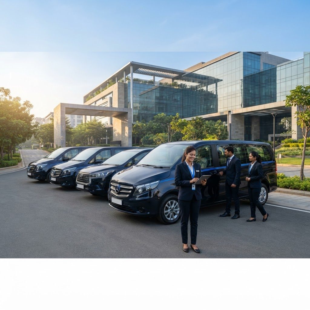 Corporate transportation fleet outside a modern business campus
