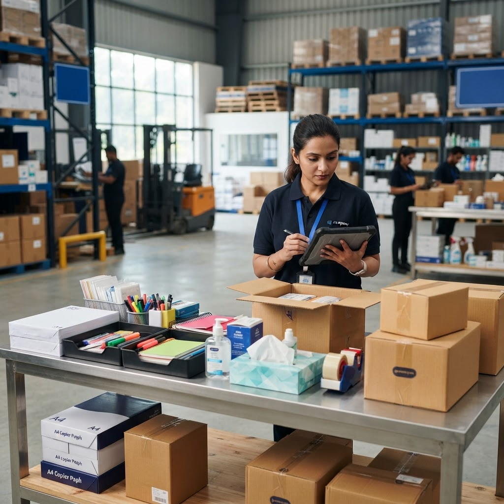 Office procurement supplies being organized and checked for delivery